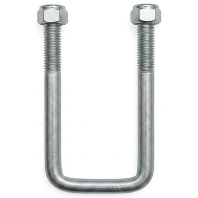 Zinc-plated square bend U-bolt with a mounting plate, two washers and two hex nuts, shown against a white background